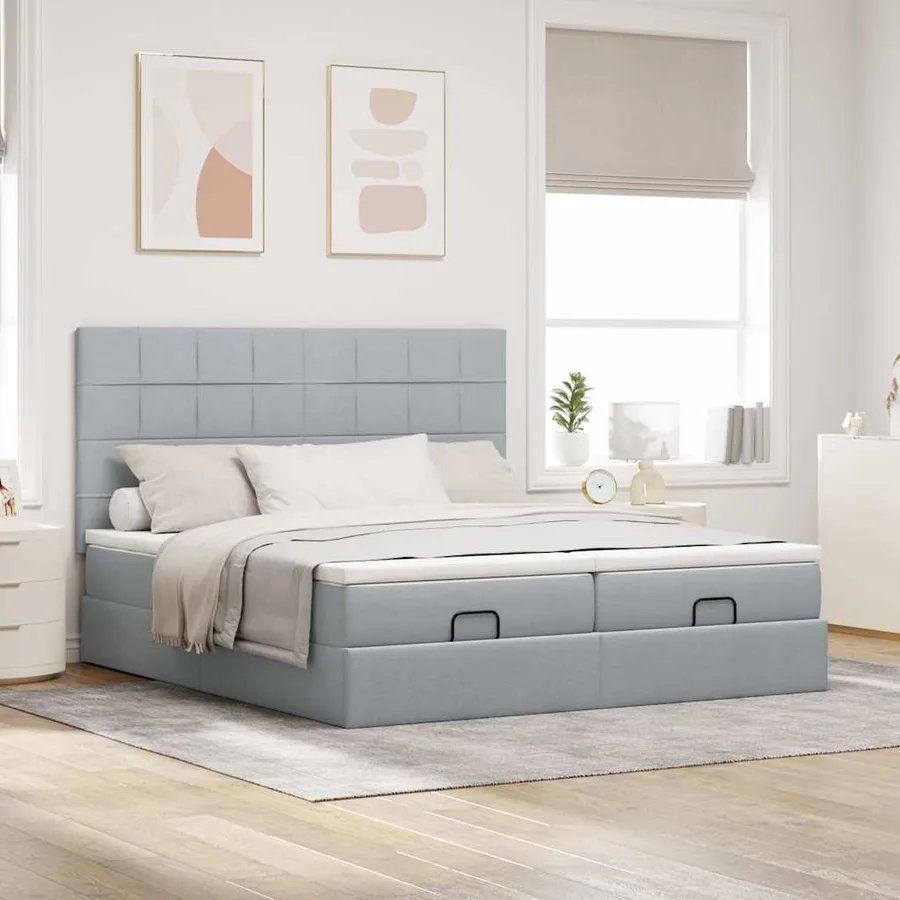 Cadre de lit ottoman et matelas gris clair 180x200cm tissu - 3