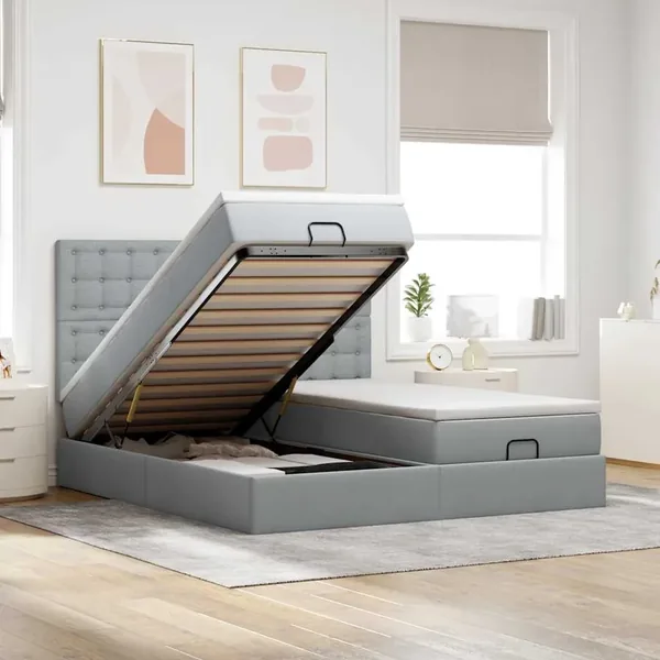 Cadre de lit ottoman et matelas gris clair 180x200cm tissu