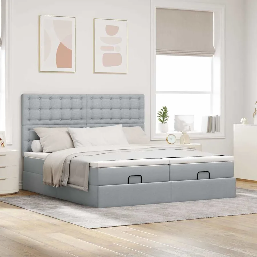 Cadre de lit ottoman et matelas gris clair 180x200cm tissu - 3