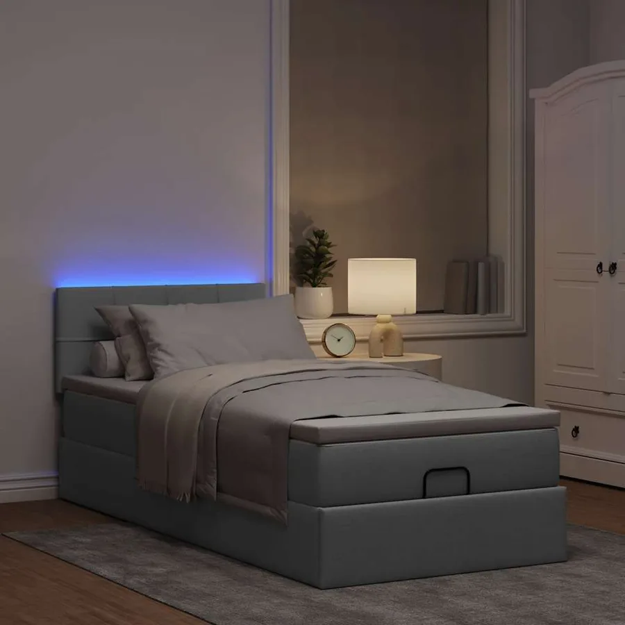 Lit ottoman avec matelas et LED gris clair 90x200 cm tissu - 3