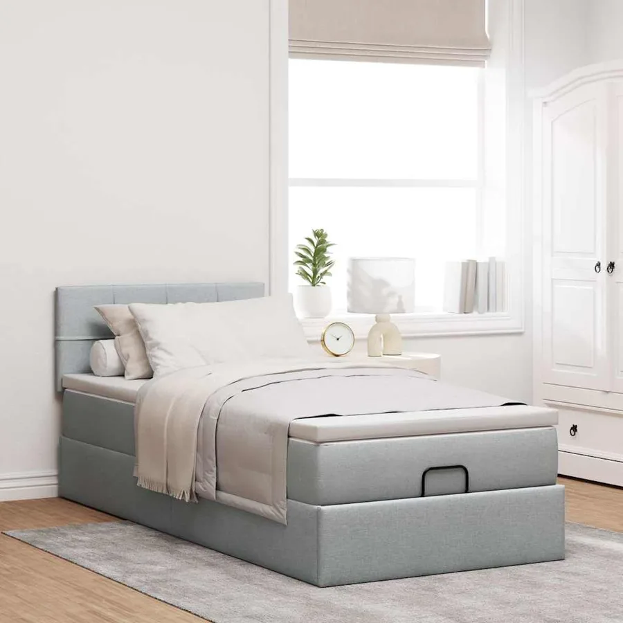 Lit ottoman avec matelas et LED gris clair 90x200 cm tissu - 4