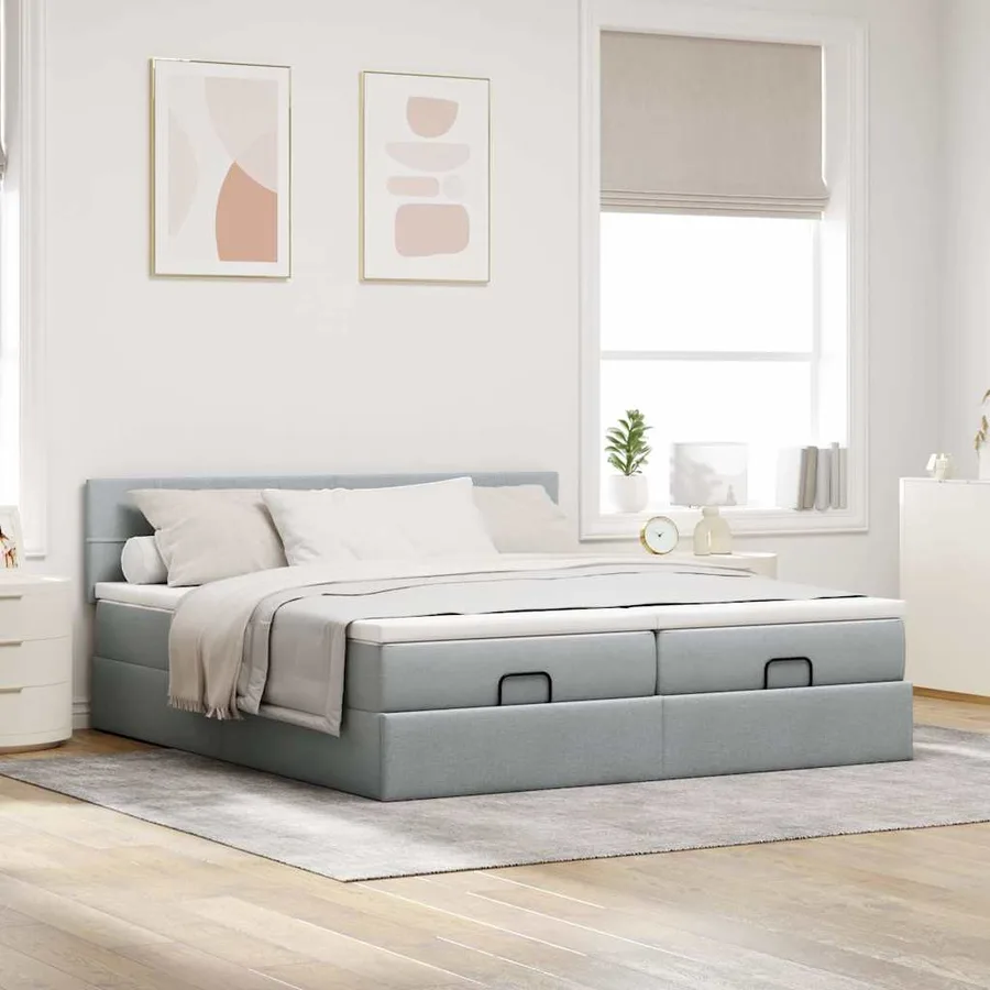 Cadre de lit ottoman et matelas gris clair 180x200cm tissu - 4