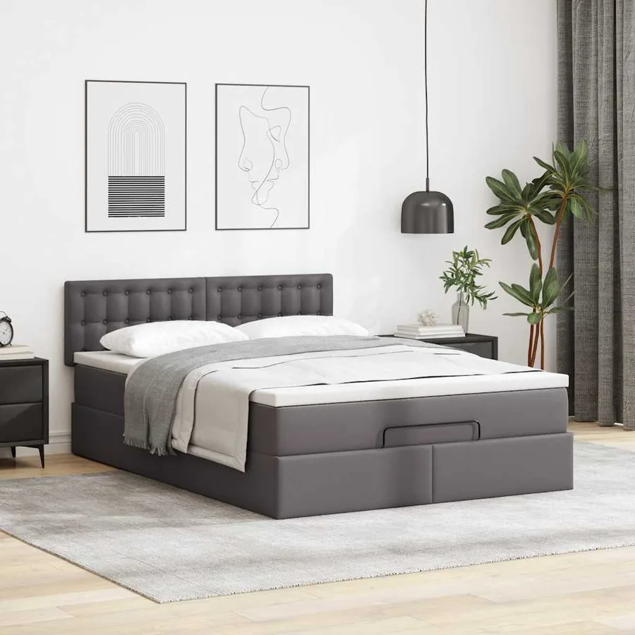Cadre de lit ottoman avec matelas gris 140x190 cm similicuir - 3