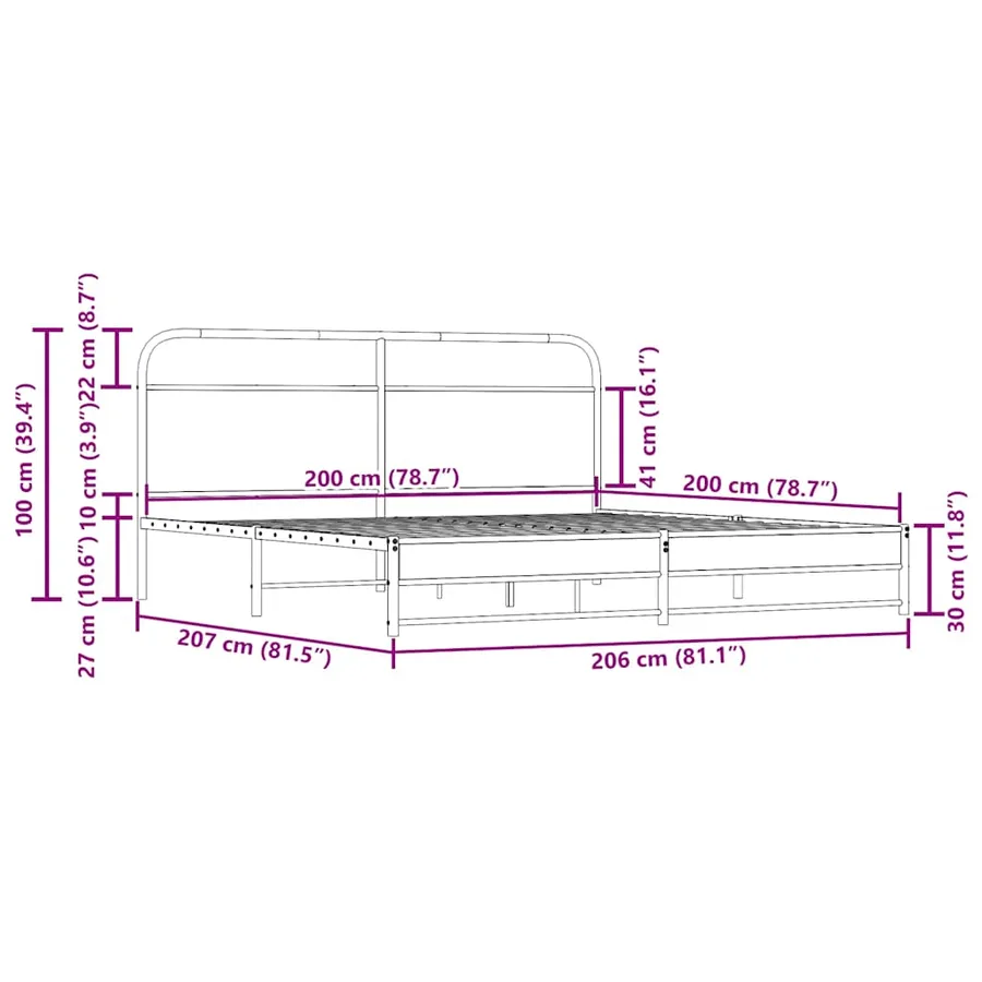 Cadre de lit en métal sans matelas chêne fumé 200x200 cm - 9