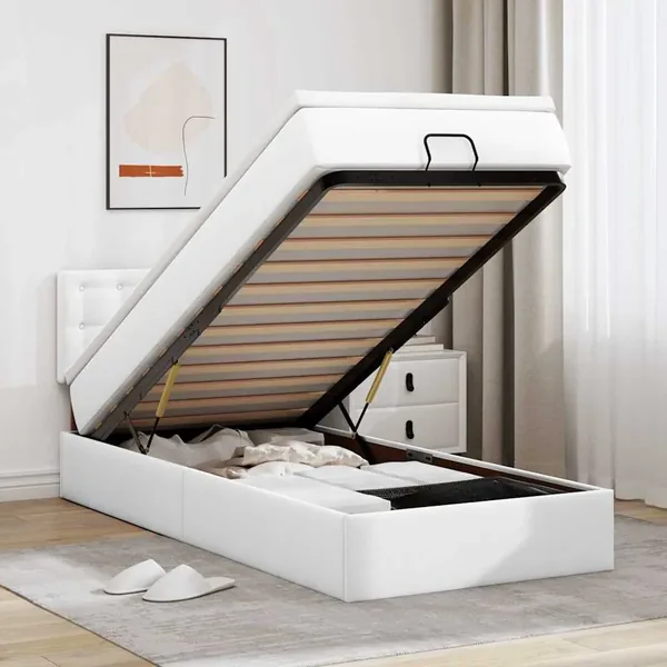 Cadre de lit ottoman et matelas blanc pur 100x200cm similicuir