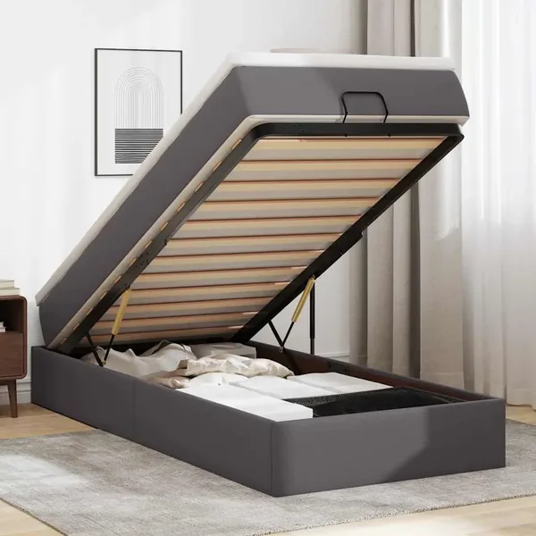 Cadre de lit ottoman avec matelas gris 90x190 cm similicuir