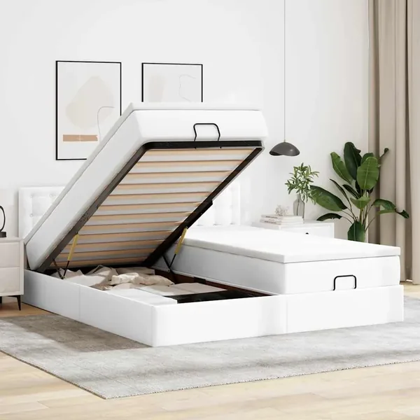 Cadre de lit ottoman avec matelas blanc 160x200 cm similicuir