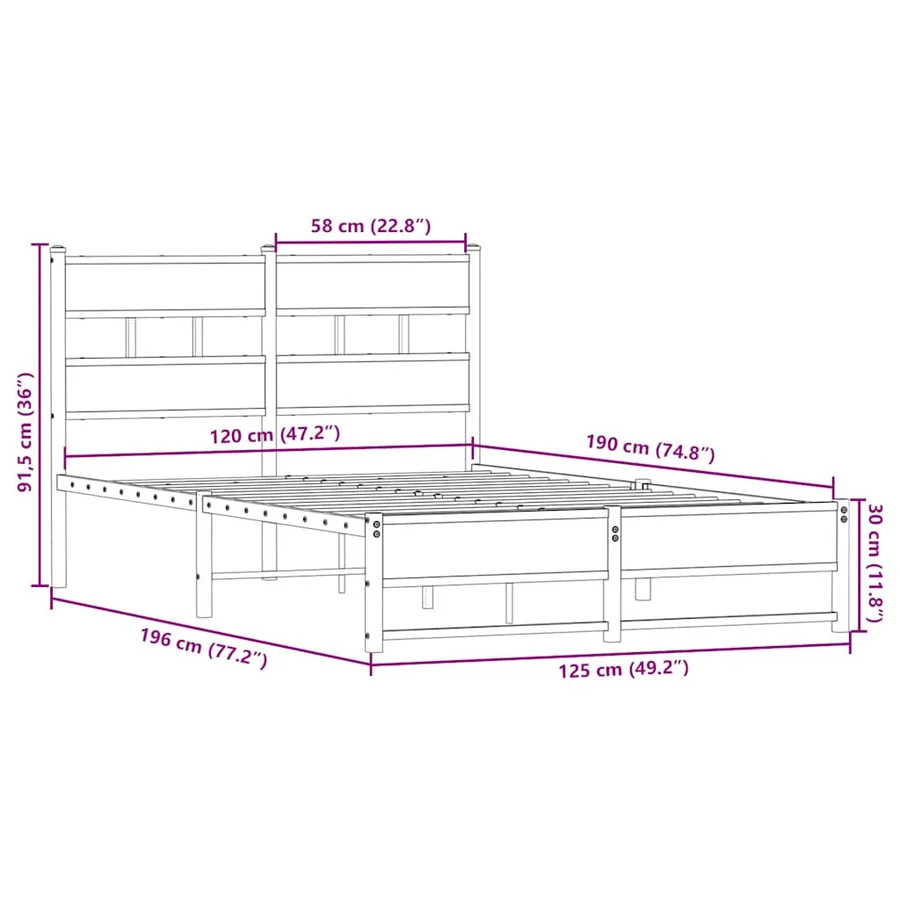 Cadre de lit en métal sans matelas chêne fumé 120x190 cm - 9