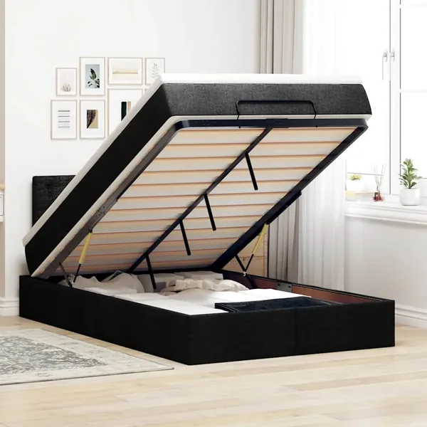 Lit ottoman avec matelas noir 120x200 cm tissu