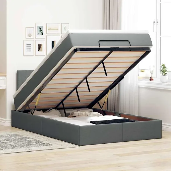 Lit ottoman avec matelas et LED gris foncé 120x200 cm tissu