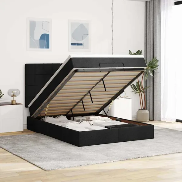 Cadre de lit ottoman avec matelas noir 140x190 cm tissu