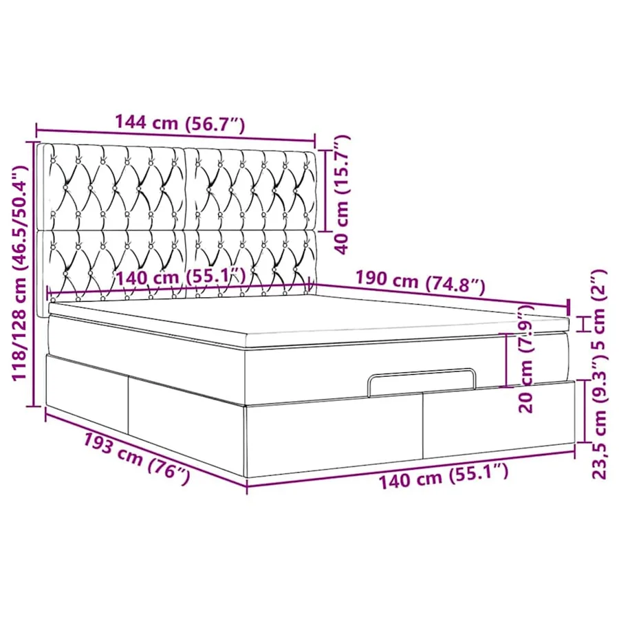 Cadre de lit ottoman avec matelas noir 140x190 cm tissu - 18