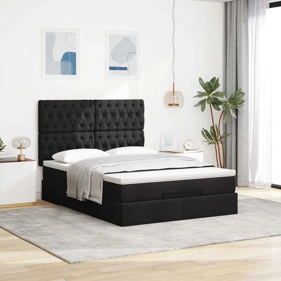Cadre de lit ottoman avec matelas noir 140x190 cm tissu - 4
