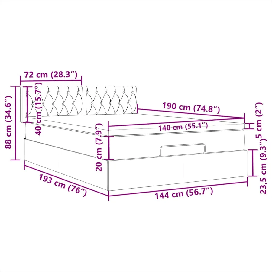 Lit ottoman avec matelas et LED marron foncé 140x190 cm tissu - 18