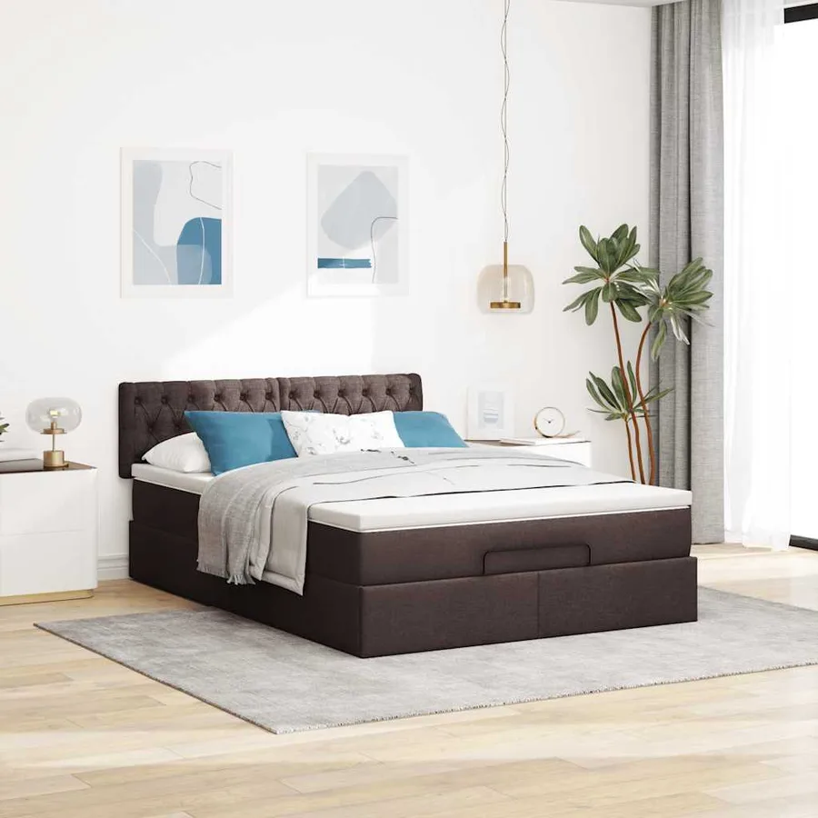 Lit ottoman avec matelas et LED marron foncé 140x190 cm tissu - 4