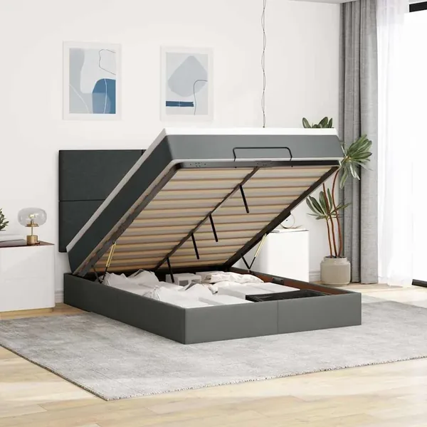 Cadre de lit ottoman avec matelas gris foncé 140x190 cm tissu