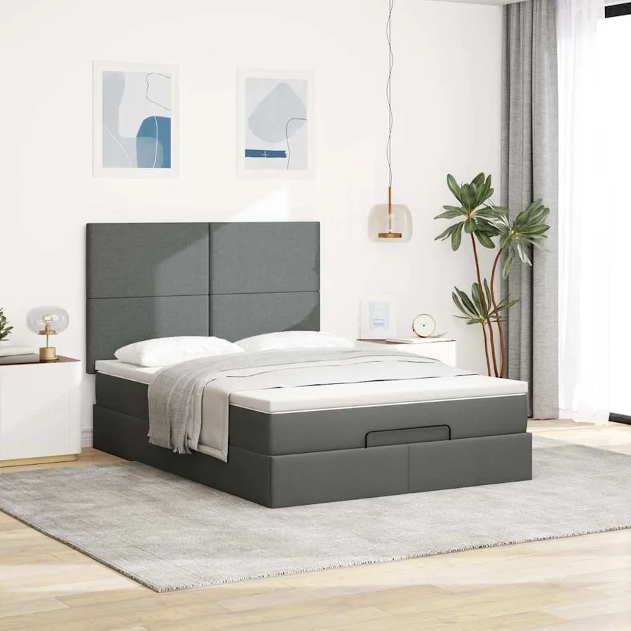 Cadre de lit ottoman avec matelas gris foncé 140x190 cm tissu - 4