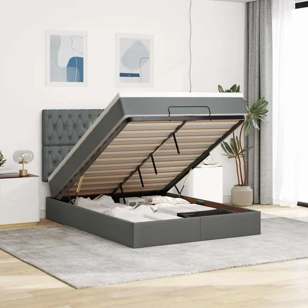 Cadre de lit ottoman avec matelas gris foncé 140x190 cm tissu