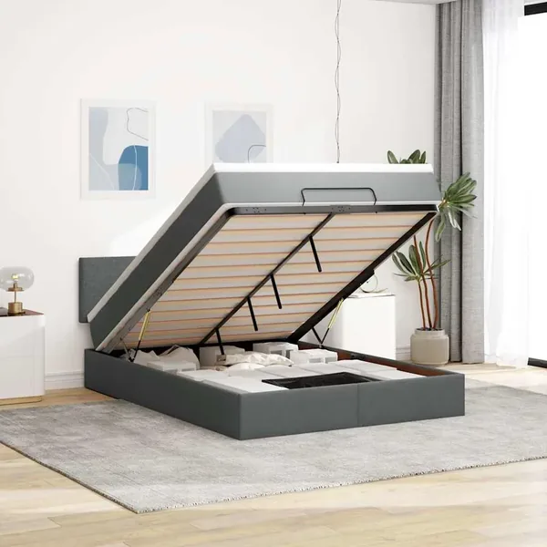 Lit ottoman avec matelas et LED gris foncé 140x190 cm tissu