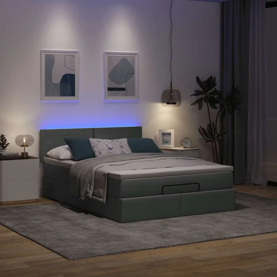 Lit ottoman avec matelas et LED gris foncé 140x190 cm tissu - 3