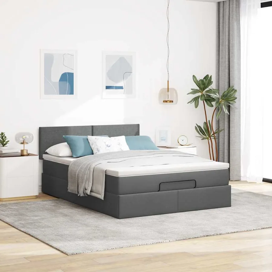 Lit ottoman avec matelas et LED gris foncé 140x190 cm tissu - 4