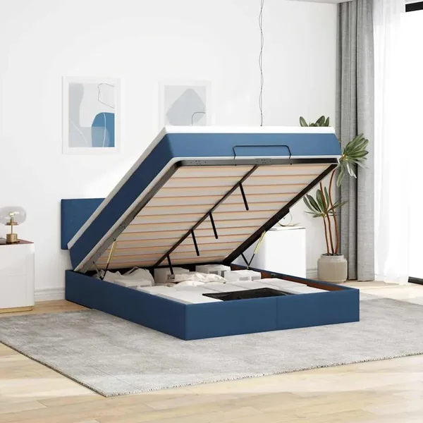 Lit ottoman avec matelas et LED bleu 140x190 cm tissu