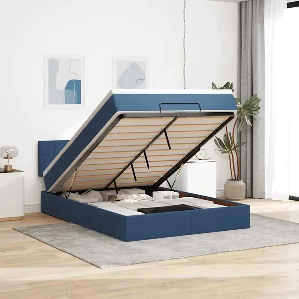 Lit ottoman avec matelas et LED bleu 140x190 cm tissu