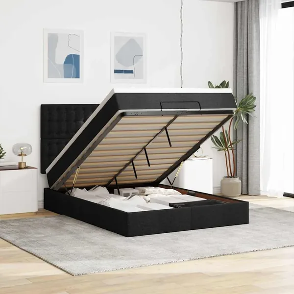 Cadre de lit ottoman avec matelas noir 140x200 cm tissu