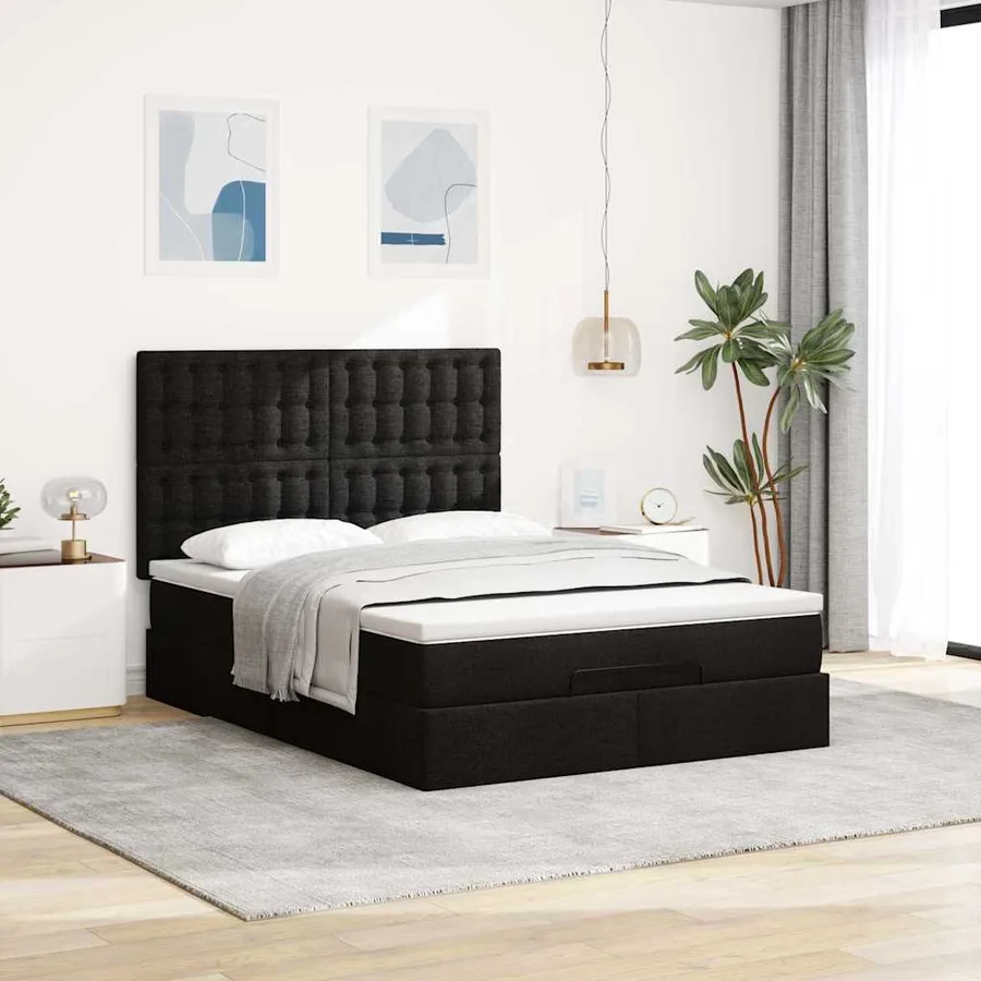 Cadre de lit ottoman avec matelas noir 140x200 cm tissu - 4