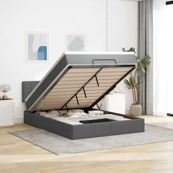 Lit ottoman avec matelas et LED gris foncé 140x200 cm tissu