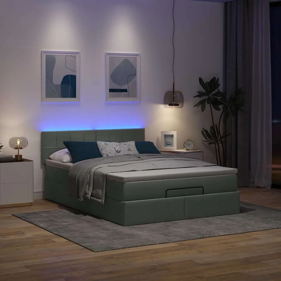 Lit ottoman avec matelas et LED gris foncé 140x200 cm tissu - 3