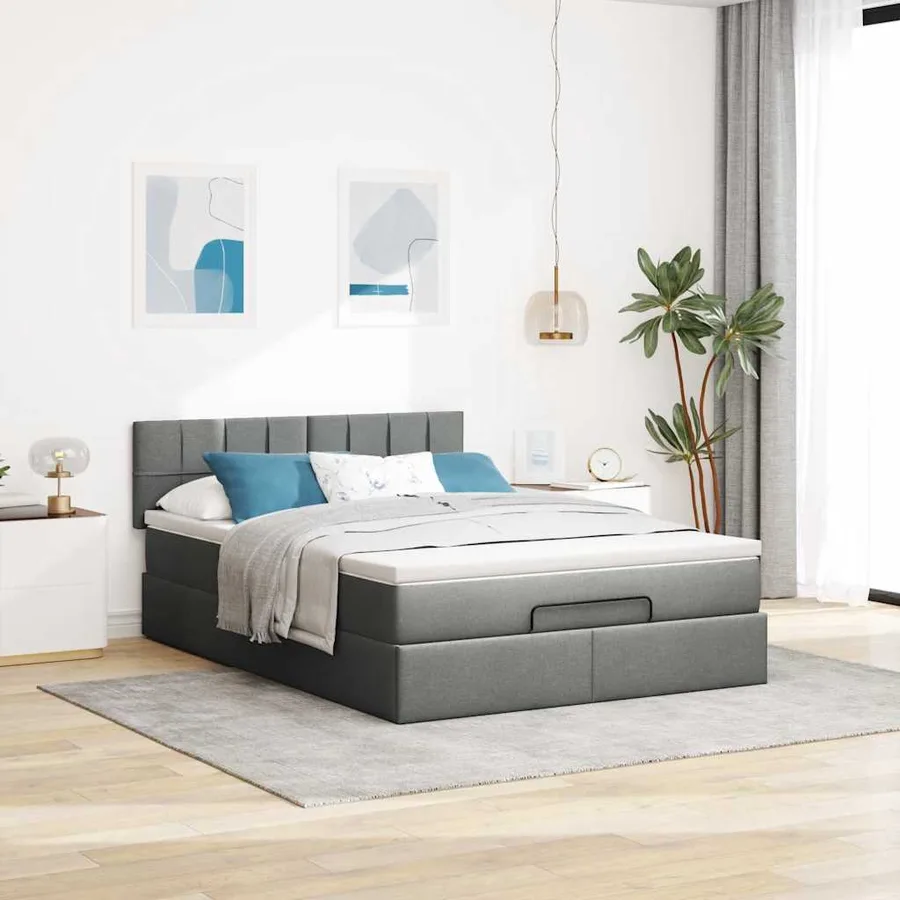Lit ottoman avec matelas et LED gris foncé 140x200 cm tissu - 4