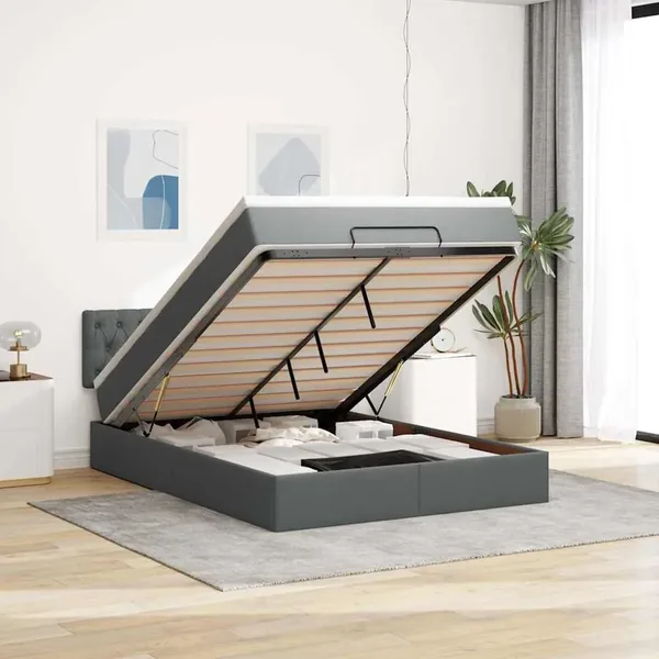 Lit ottoman avec matelas gris foncé 140x200 cm tissu