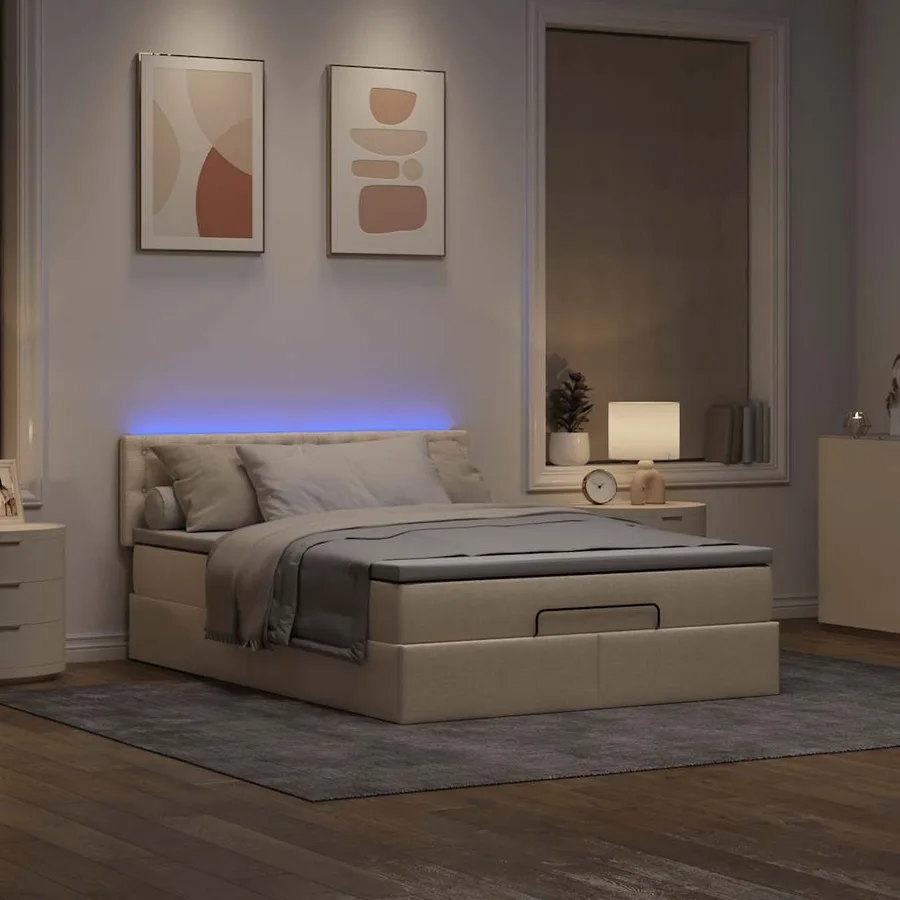 Lit ottoman avec matelas et LED crème 140x200 cm tissu - 3