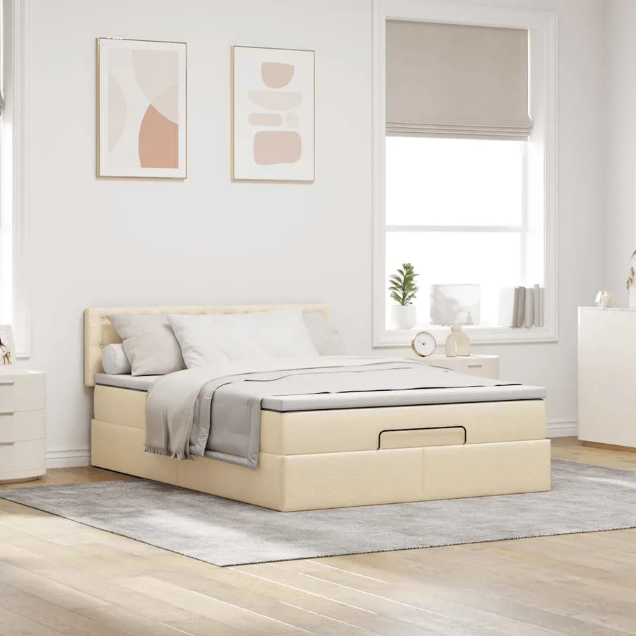 Lit ottoman avec matelas et LED crème 140x200 cm tissu - 4