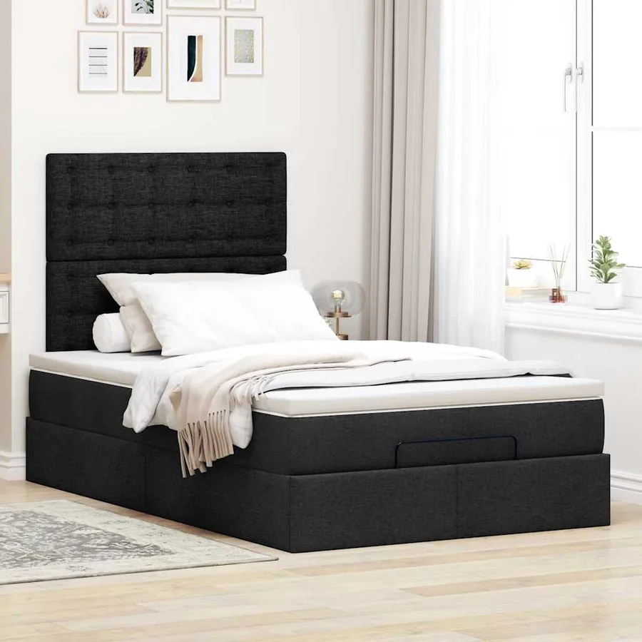 Cadre de lit ottoman avec matelas noir 120x190 cm tissu - 3
