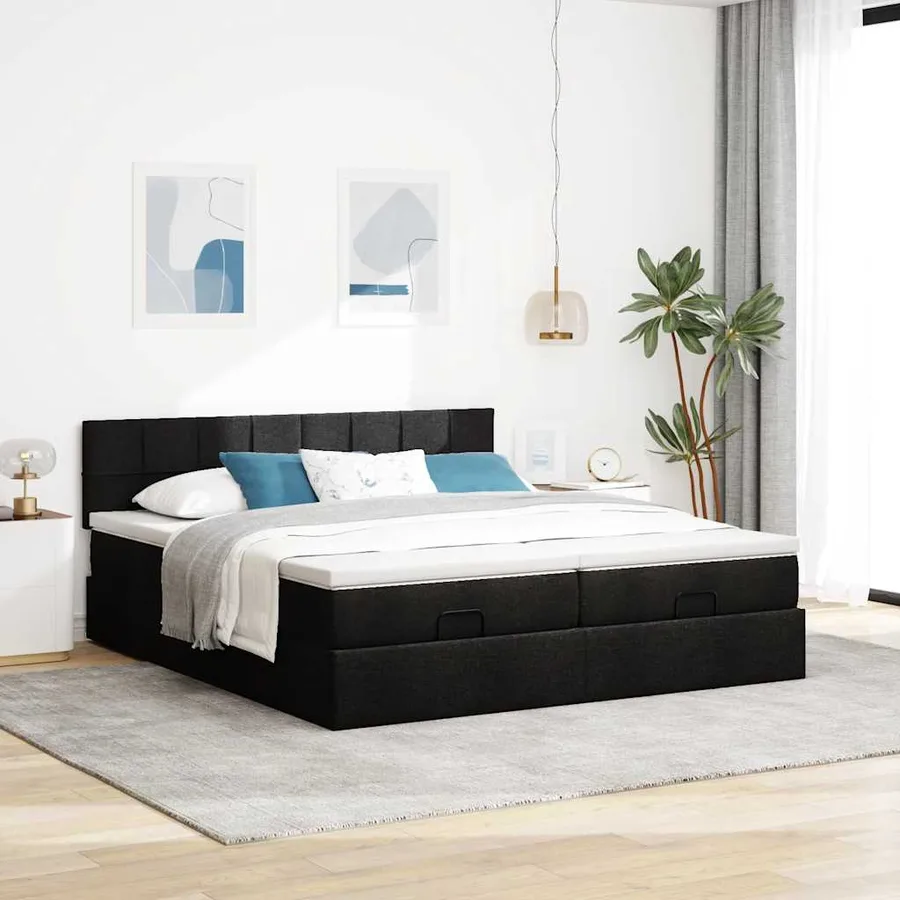 Cadre de lit ottoman avec matelas noir 200x200cm tissu - 3