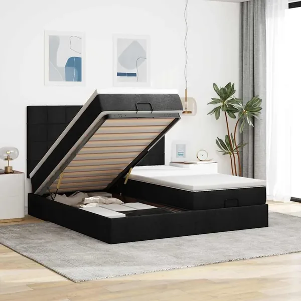 Cadre de lit ottoman avec matelas noir 200x200cm tissu