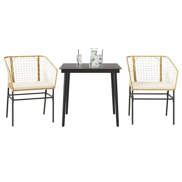 Ensemble à manger jardin coussins 3pcs marron poly rotin verre