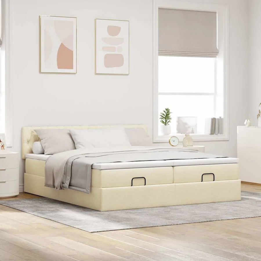 Cadre de lit ottoman avec matelas crème 200x200cm tissu - 4