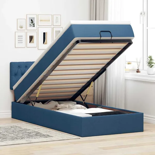 Lit ottoman avec matelas bleu 100x200 cm tissu