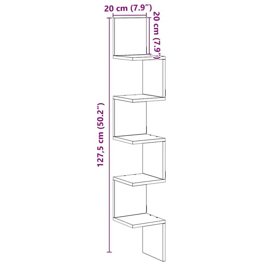 Étagère d'angle murale chêne artisanal 20x20x127,5 cm - 9