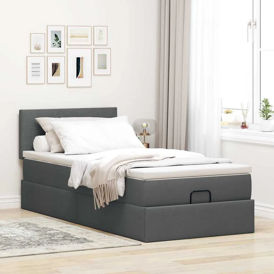 Cadre de lit ottoman avec matelas gris foncé 100x200 cm tissu - 4