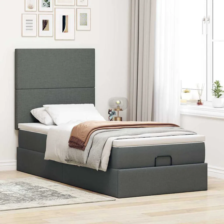 Cadre de lit ottoman avec matelas gris foncé 100x200 cm tissu - 3