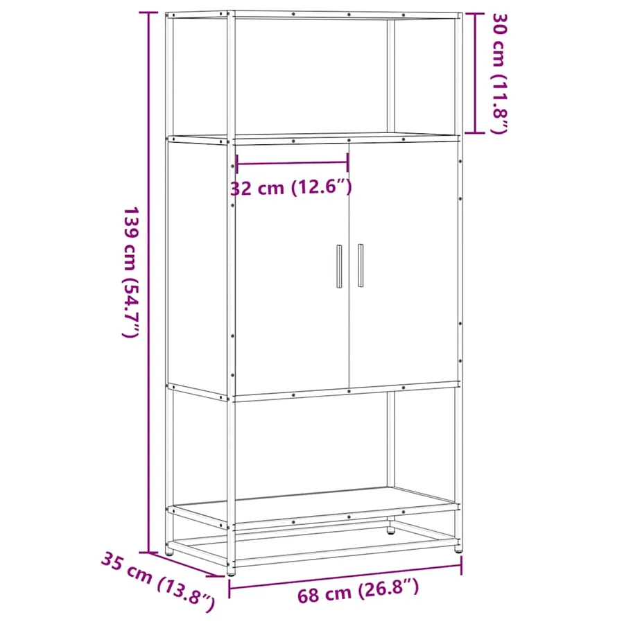 Buffet haut chêne fumé 68x35x139 cm bois d'ingénierie métal - 10