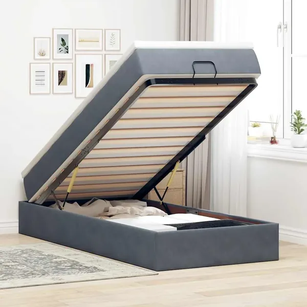 Cadre de lit ottoman avec matelas gris foncé 100x200 cm velours