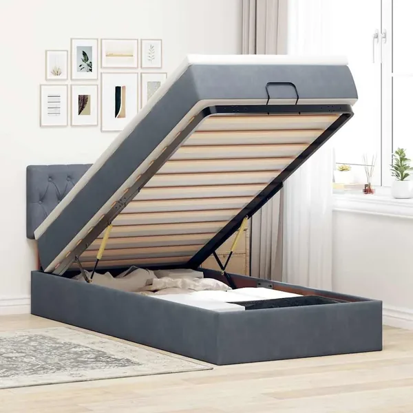 Cadre de lit ottoman avec matelas gris foncé 100x200 cm velours