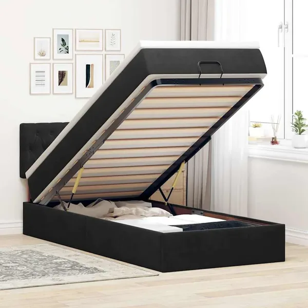 Cadre de lit ottoman avec matelas noir 90x200 cm velours