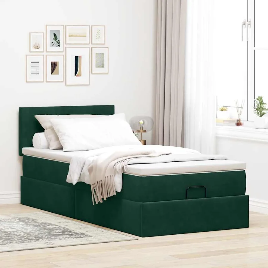 Cadre de lit ottoman avec matelas vert foncé 100x200 cm velours - 4