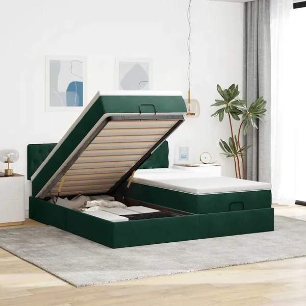 Cadre de lit ottoman avec matelas vert foncé 200x200 cm velours